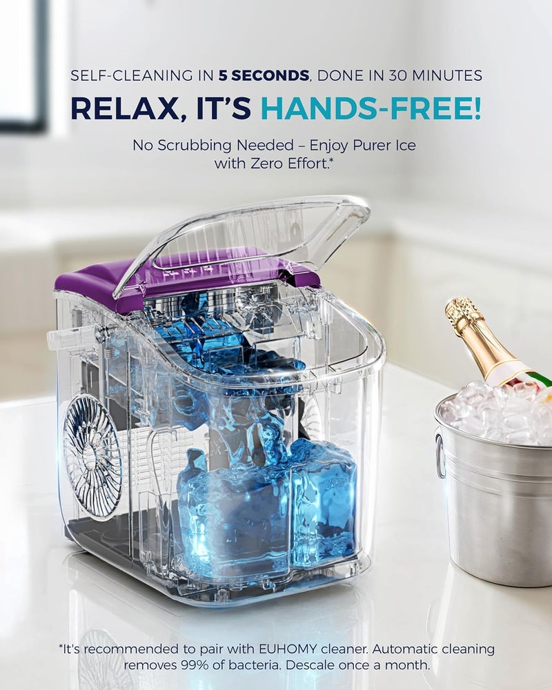 EUHOMY Countertop Ice Maker Machine with Handle, 26lbs Per Day, 9 Ice Cubes Ready in 6 Mins, Auto-Cleaning Portable Ice Maker with Basket and Scoop, for Home/Kitchen/Camping/RV (Purple) - Image 5